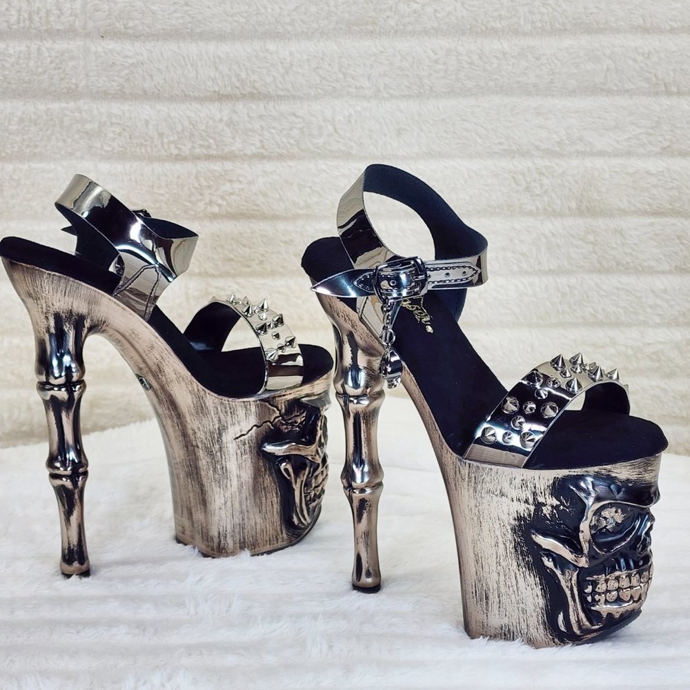 Vortex Pewter Brushed Chrome Skull & Bones Red LED Platform 8" High Heels Shoes - Picture 6 of 15